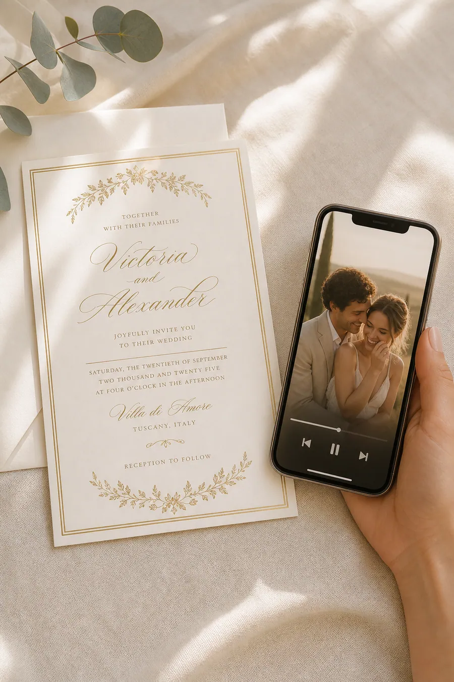 Classic ivory wedding invitation with delicate gold lettering.