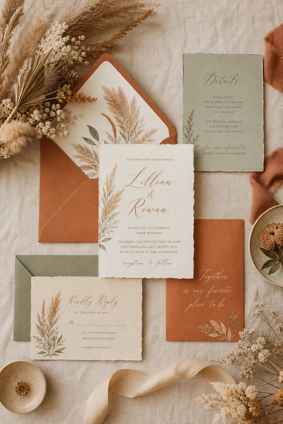 Boho wedding invitation in terracotta and sage with dried florals.