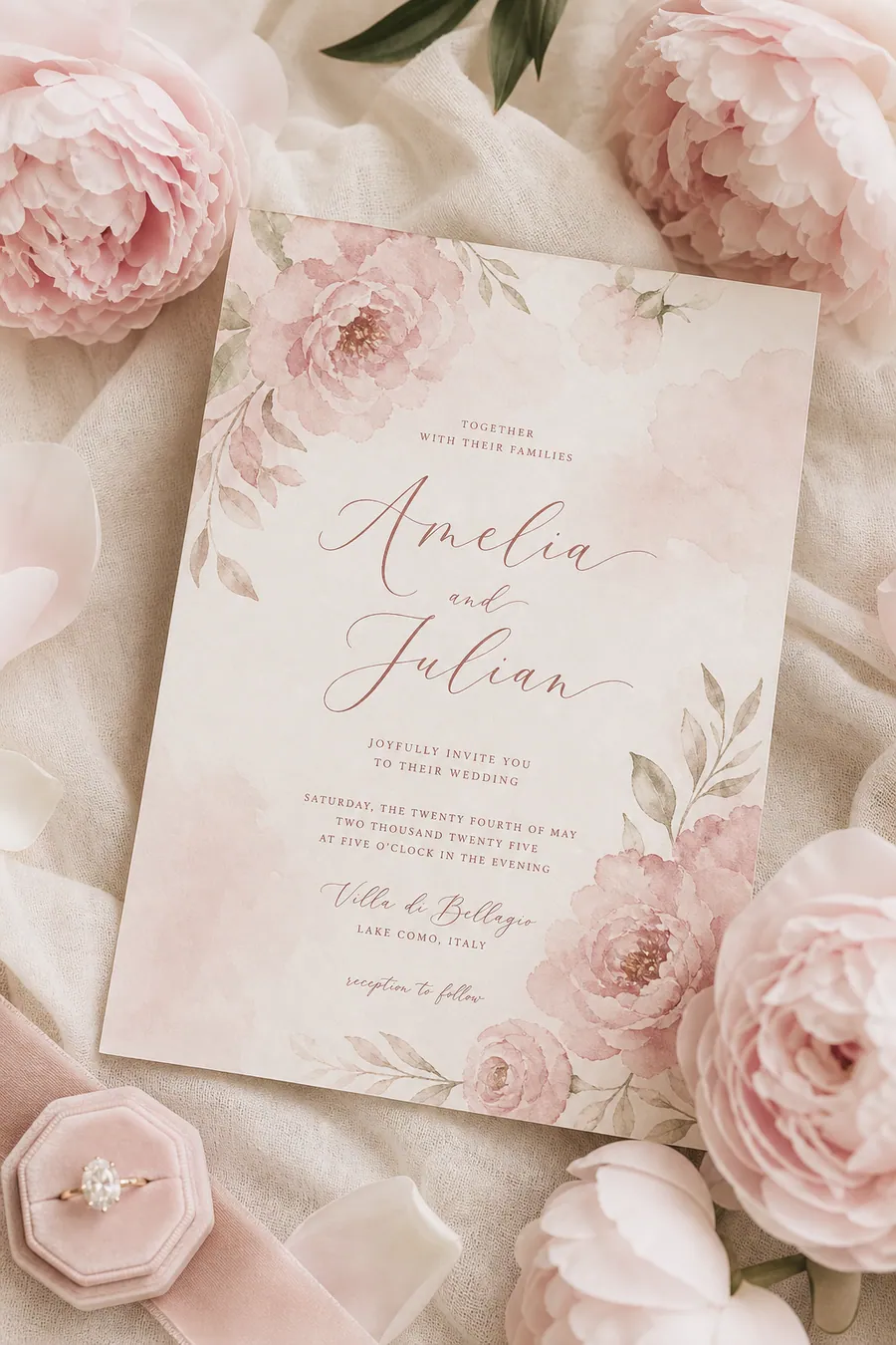 Romantic watercolour wedding invitation in soft blush tones.
