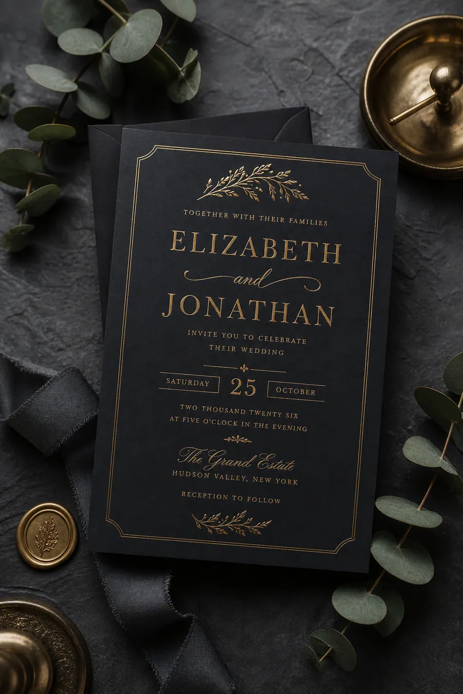 Dramatic wedding invitation with gold foil lettering on deep charcoal.