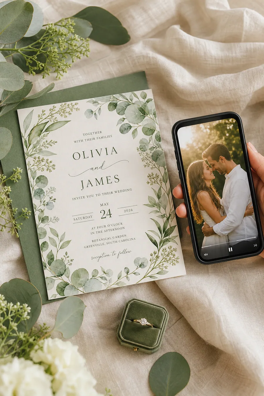 Garden wedding invitation framed with eucalyptus and greenery.