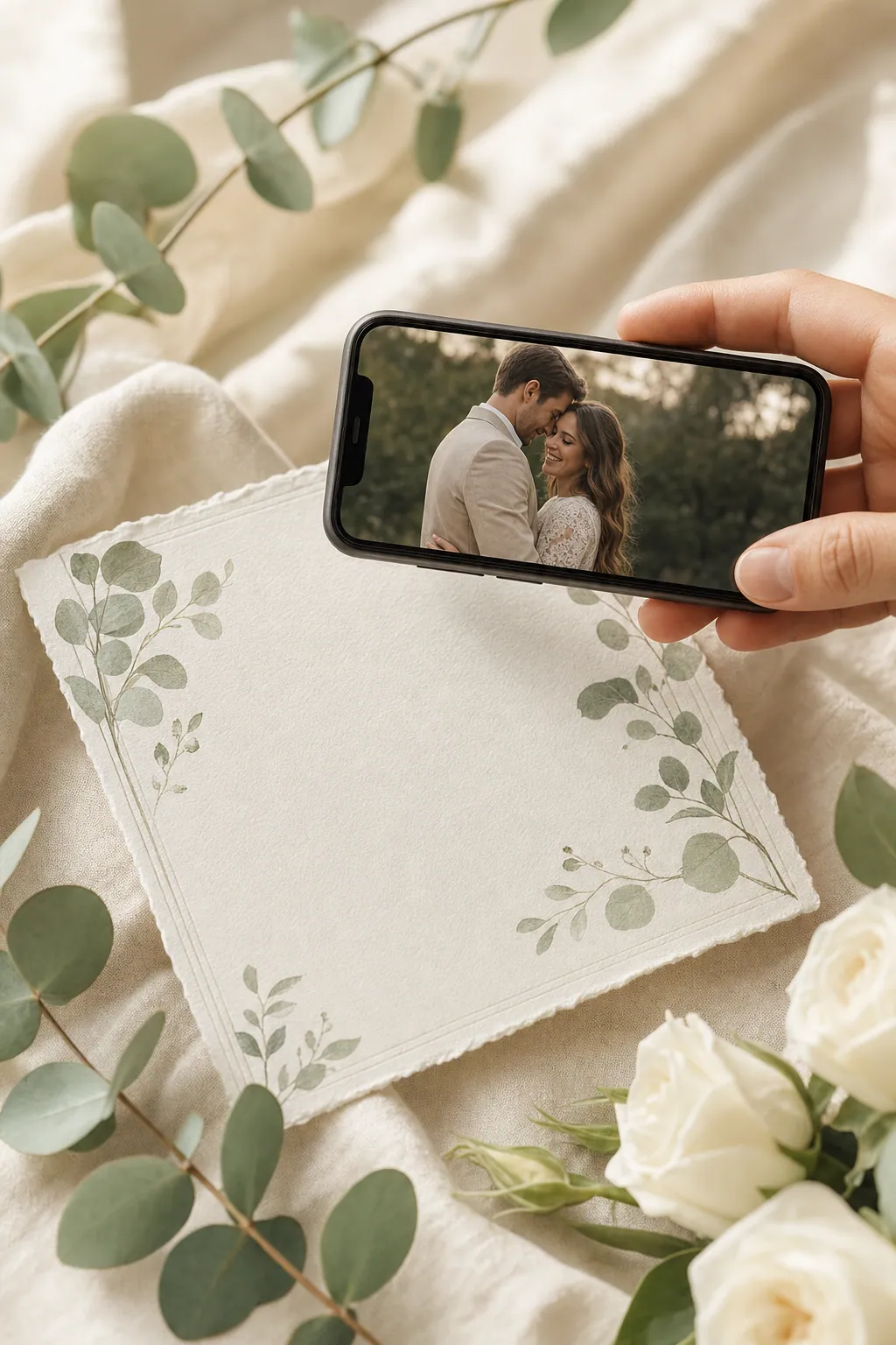 A hand holds a phone above an elegant cream wedding invitation; the screen plays a warm video of a happy couple.