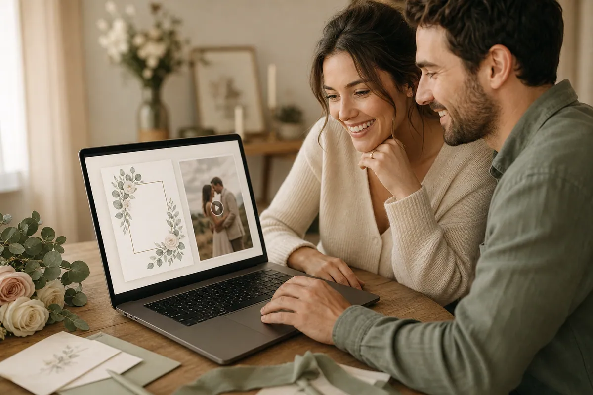 A tablet on a warm desk showing a digital proof of a wedding invitation with a video preview.